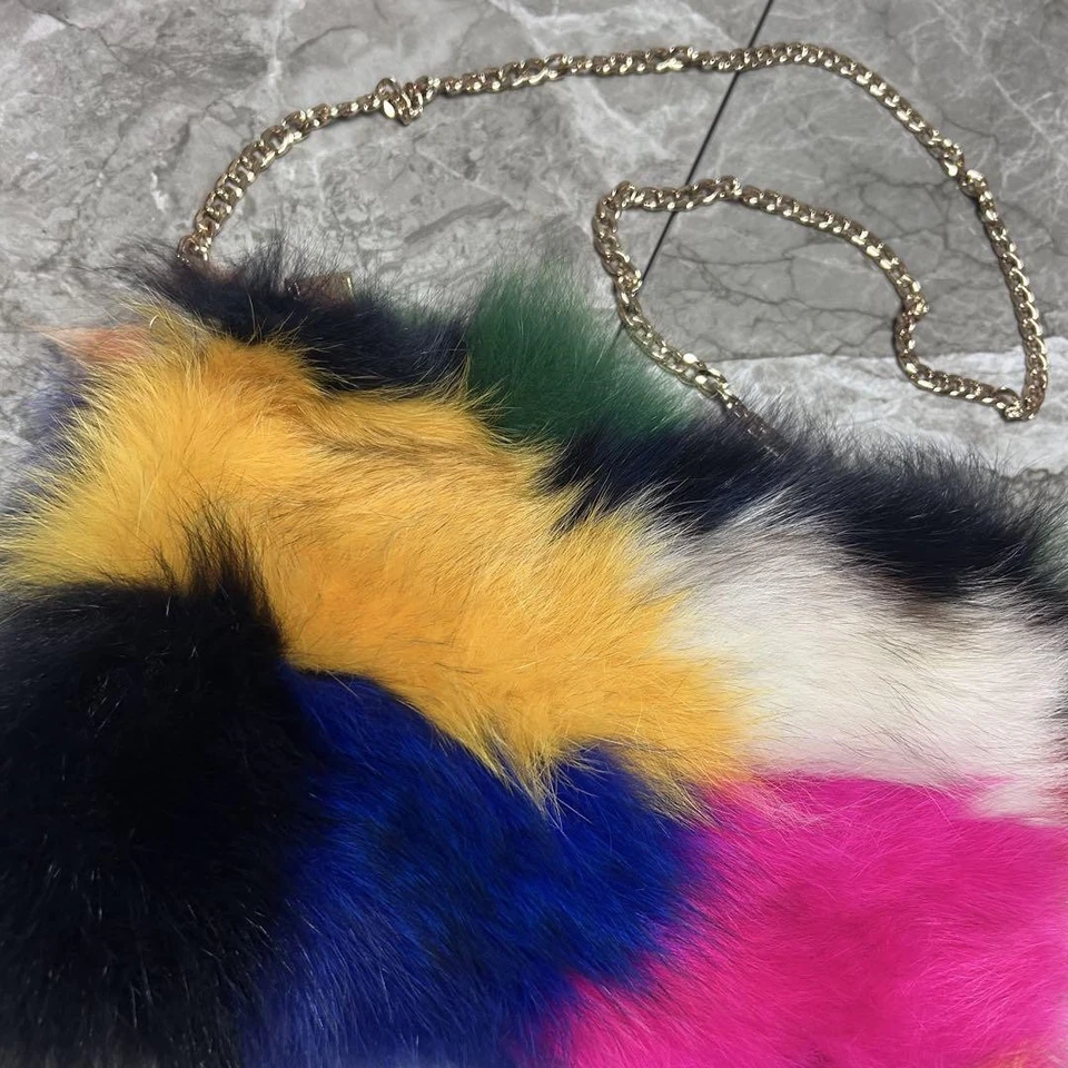 ROSE BUD Bolsa de Ombro Corrente de Pele de Raposa Real Multicolorida Festa Clutch Usada - Imagem 2 de 4