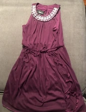 NWT Amy Wear Purple Plum Eggplant Dress Pearls Rhinestones Size 10 Lined Ruffle