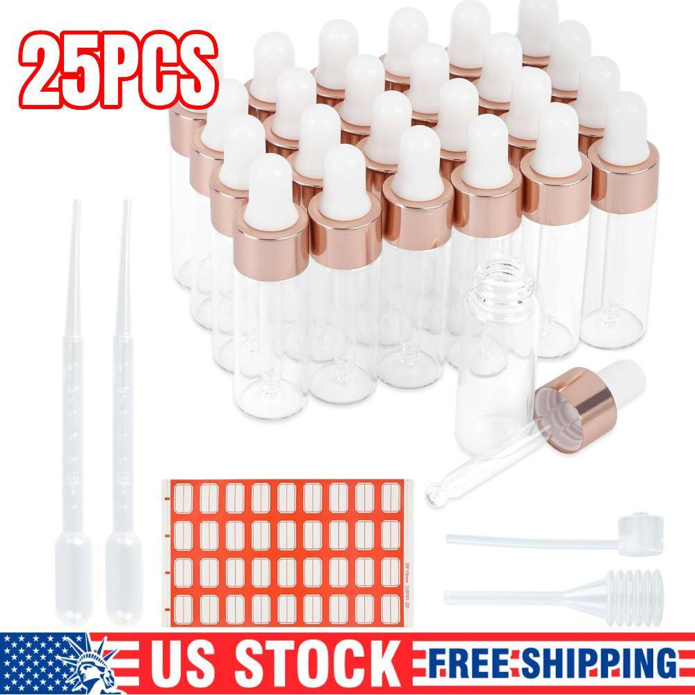 25Pack 5ml Glass Eye Dropper Bottles 2 ml Dropper & 36 Labels for Essential Oils