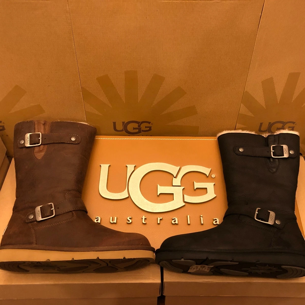 New Womens UGG Kensington Motorcycle Buckle Boot Winter Brown or Black | eBay