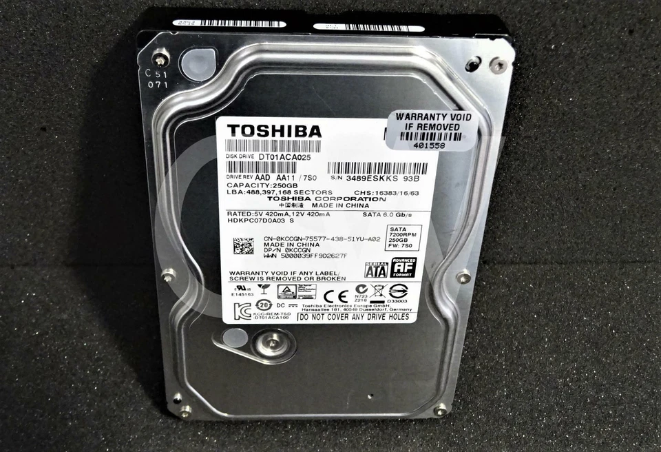 DT01ACA025 HDKPC07D0A03 Toshiba 250GB 7200RPM 6Gbps 3.5" SATA HDD Hard Drive - Image 2 of 2