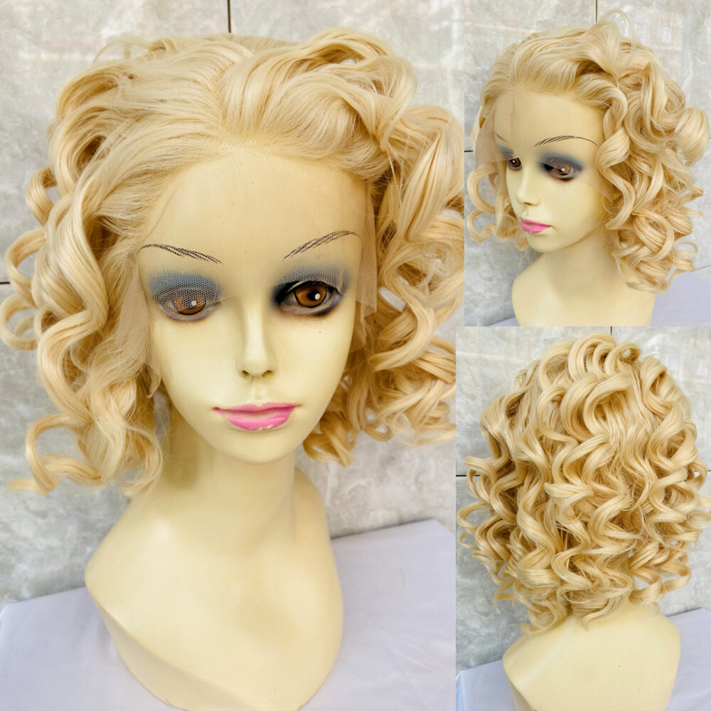 Medium Curly Human Hair Blend Heat Ok Lace Front Wigs Blonde #613