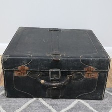 VTG Black Faux Leather Luggage Suitcase Travel Case Buckle Handle Cloth Lining