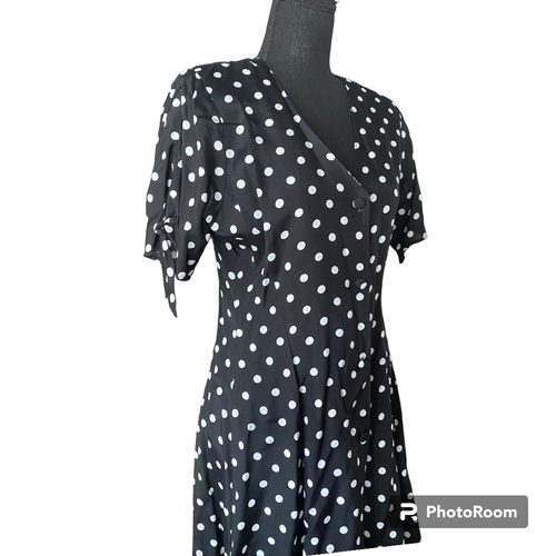 Clio Petites Vintage 80s Women's button down black/ white Polka Dot Dress sz 8P - Picture 18 of 18