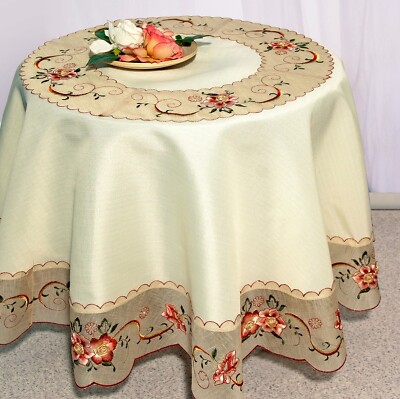 ''Flowers'' Embroidered  Vintage Round Table Cover  Topper 07442-426