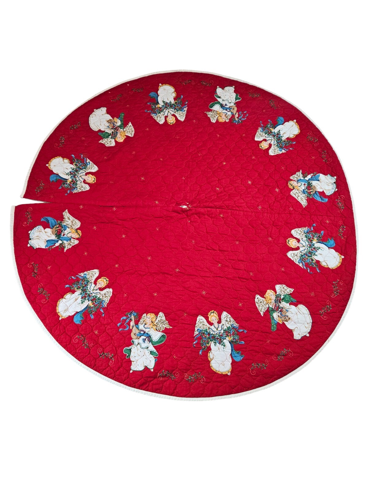 Vintage Red Quilted Christmas Tree Skirt with Victorian Angels Handmade 54x54