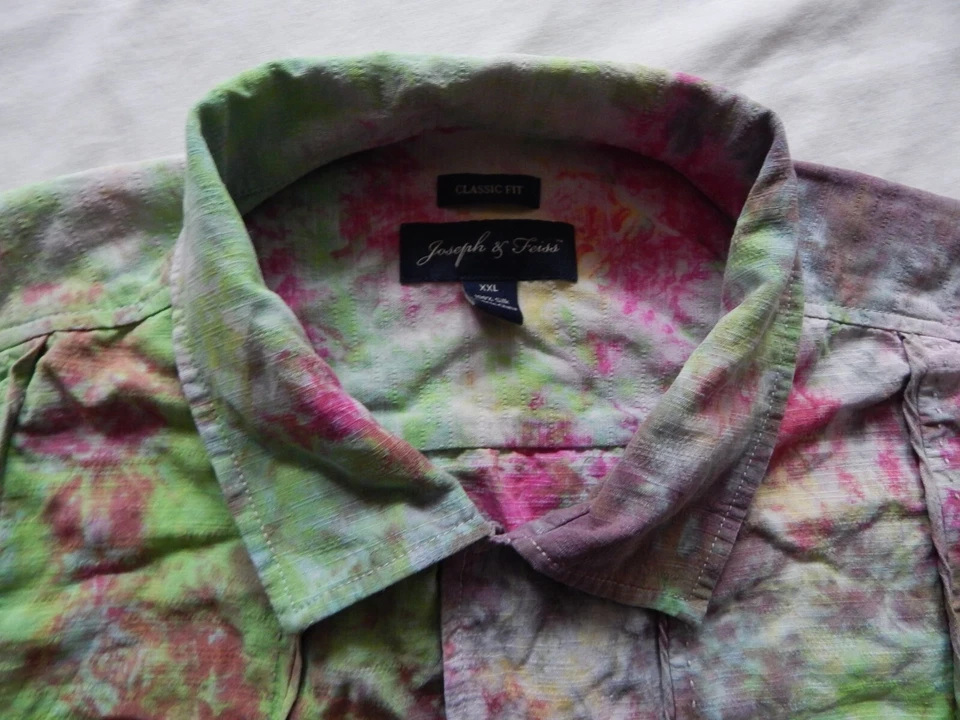 Camisa de seda tie dye verde púrpura manga corta abotonada - 2XL hecha a mano XXL Foto 4 de 4