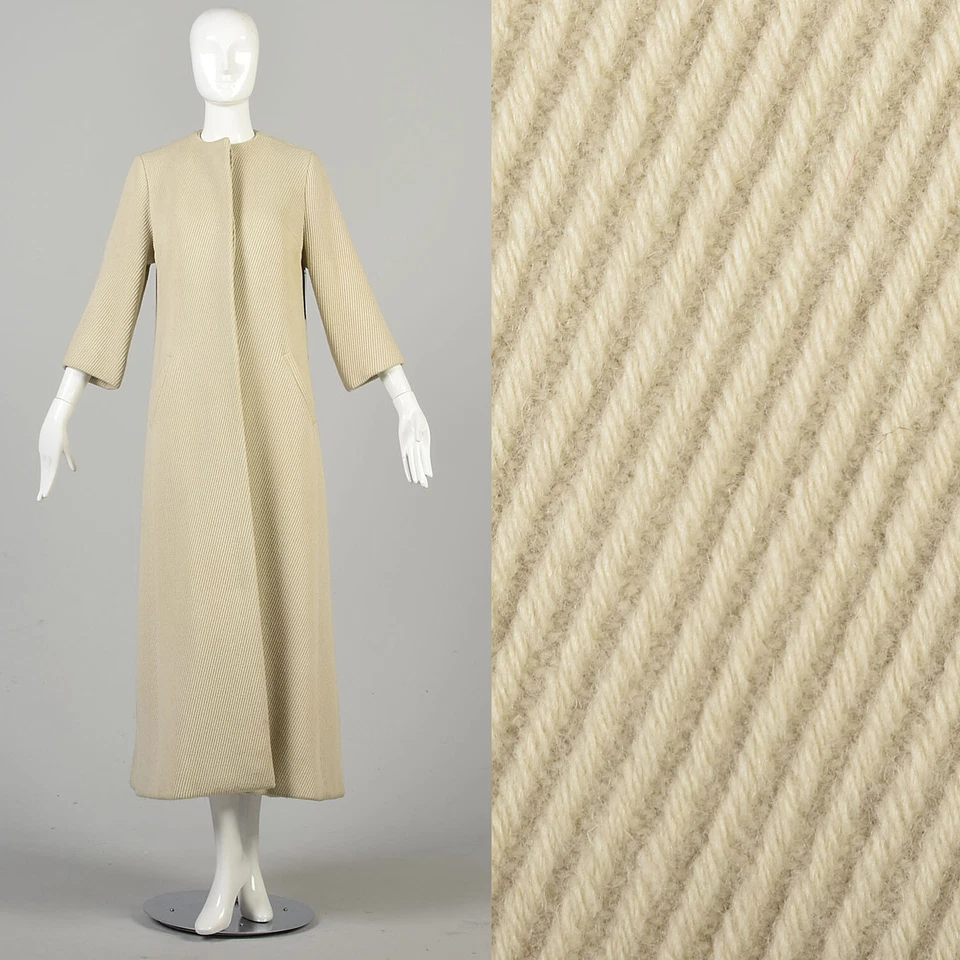 Medium 1960s Cream Oatmeal Ribbed Wool Maxi Coat Bracelet Sleeve Jewel Collar