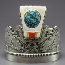 Richard Tsosie NAVAJO Tufa Sterling Silver SPIDERWEB TURQUOISE Horse BRACELET