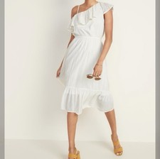 Old Navy Ivory Eyelet Ruffle One Shoulder Tiered Midi Dress Sz M