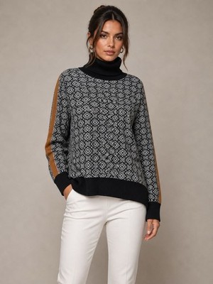 Icelandic Design Women s Sweater Black White Geometric Size M Womens Wool Blend