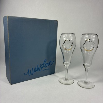 2 Vtg Champagne Toasting Glasses Flutes 8oz Gold Trim Doves L.E. Smith Wedding