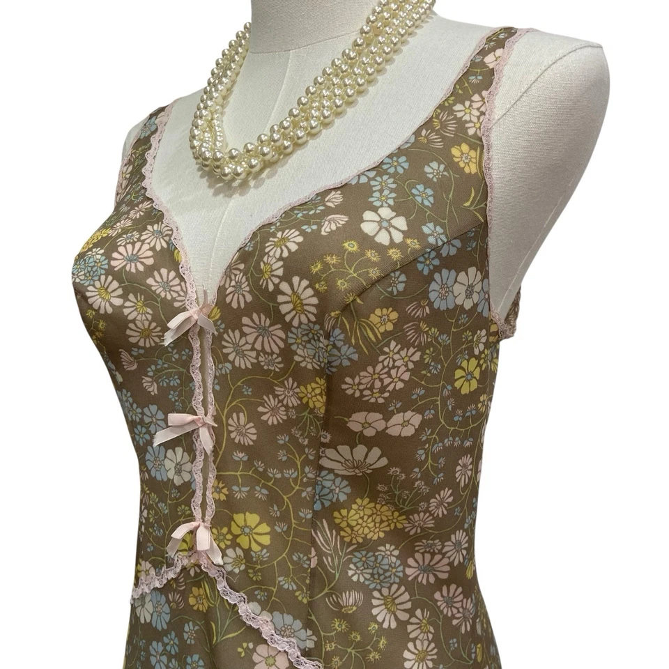 Vintage 60s Brown Floral Nylon Lacy Ruffle Mini Slip Dress Women’s Size S - Image 3 of 4