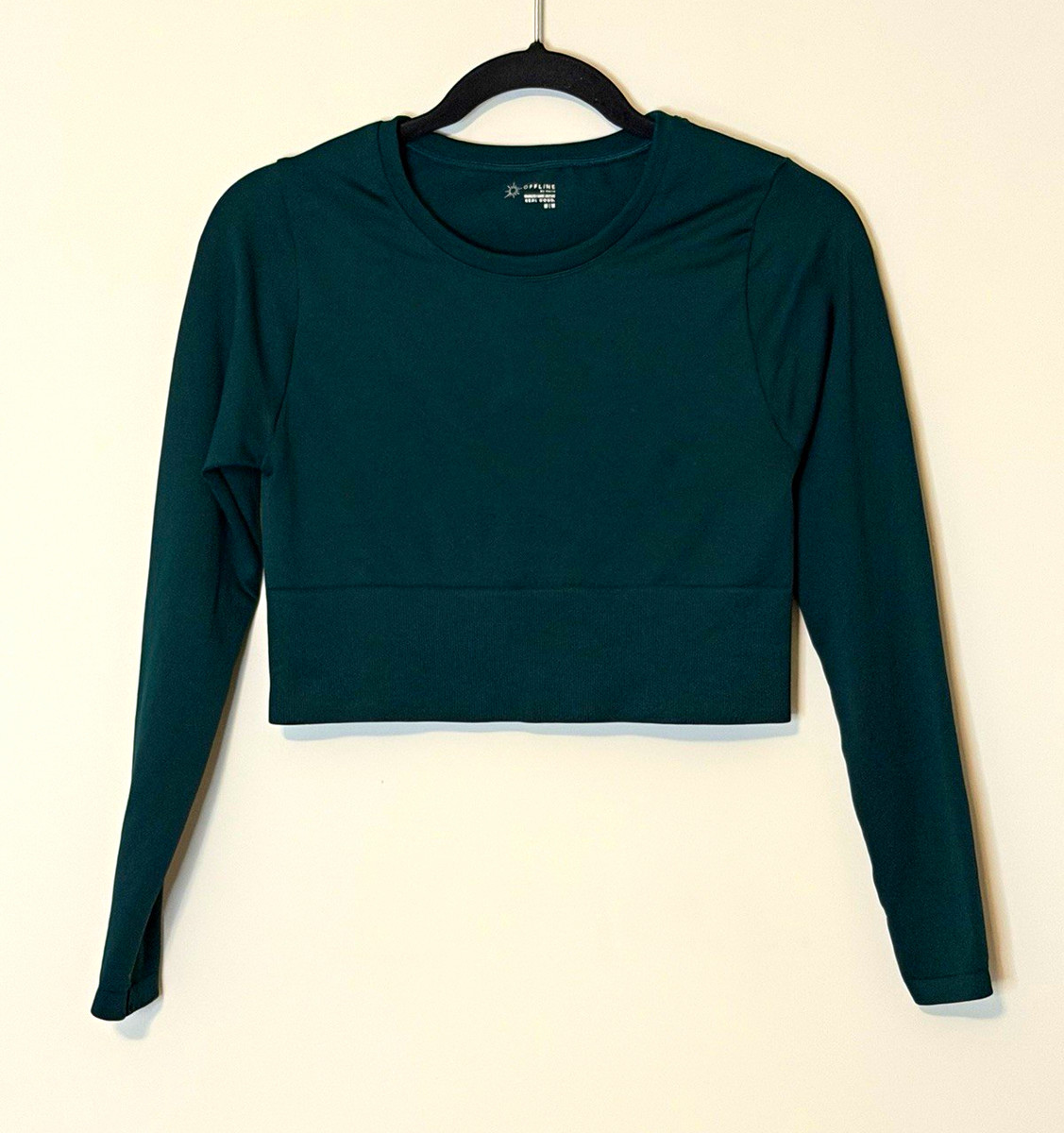 OFFLINE by Aerie Sidewalk Seamless Long Sleeve Cropped Top Green M NWOT