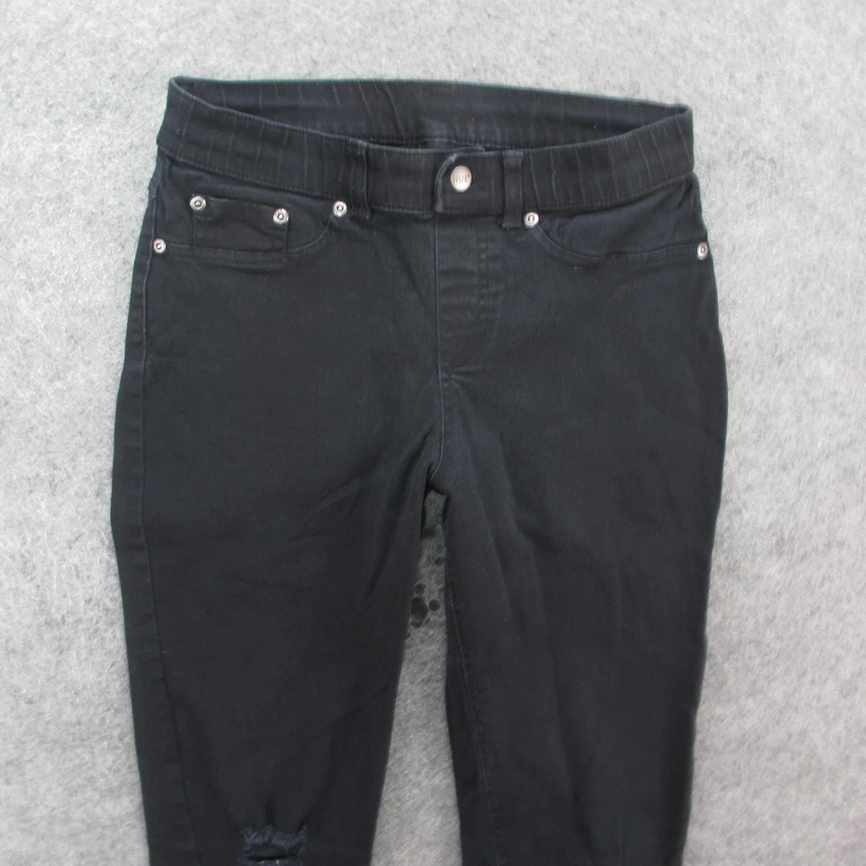 Pantalones de mezclilla Hue para mujer pequeños negros desgastados ajustados elásticos dobladillo deshilachado informales Foto 2 de 4