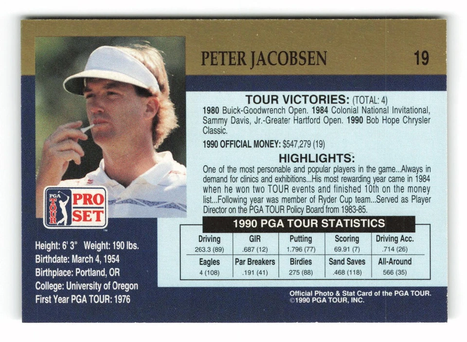 1990 Pro Set PGA Tour #19 Peter Jacobsen - Image 2 of 2