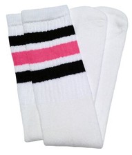 Skater Socks22 Knee high White tube socks with Black-BubbleGum Pink stripes s...