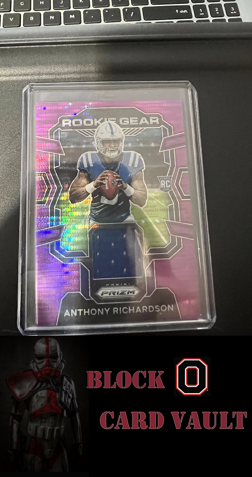 2023 Panini Prizm #RG-AR Anthony Richardson Rookie Gear Purple Pulsar