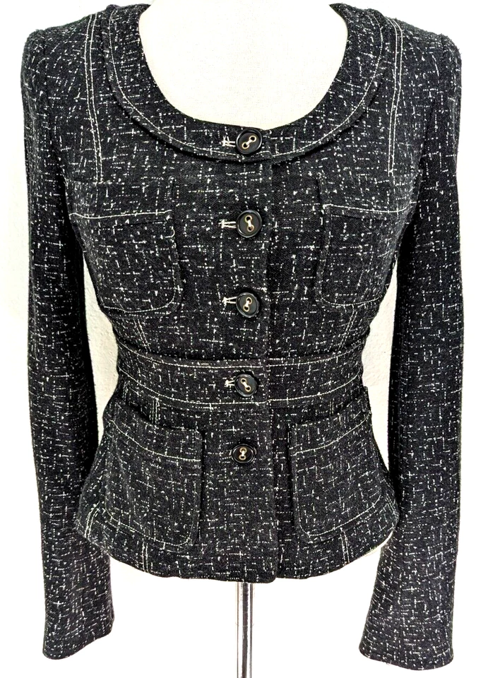 Blazer para mujer CYNTHIA STEFFE mezcla de lana negro blanco chaqueta EE. UU. talla 2 usado en excelente estado * Foto 2 de 4