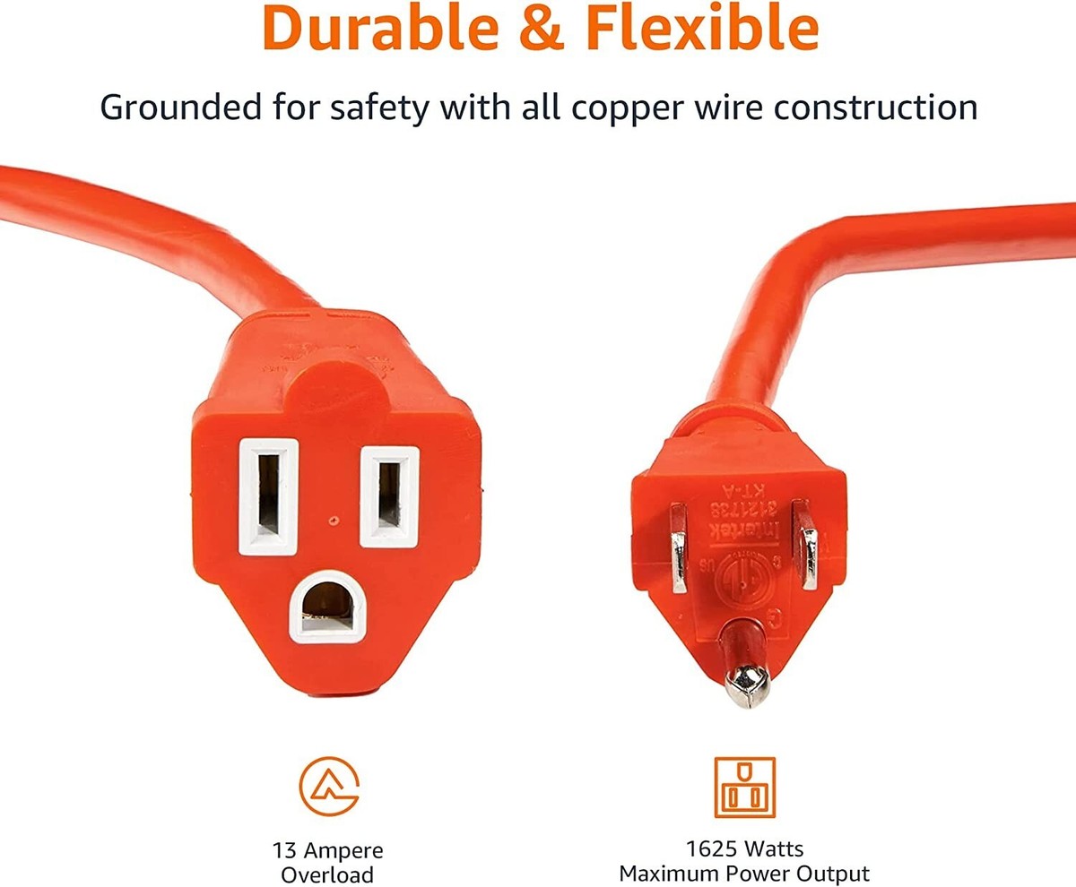Naranja CABLE De Extensión – 16/3 Resistentes Al Aire última Intervensión Cable De Extensión Con Enchufe De 3 Clavijas De Tierra Para La Seguridad Ideal Para El Jardín), Color Y Electrodomésticos, 50ft