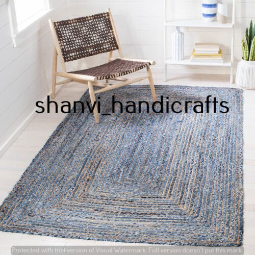 Natural Rug Braided Rectangle Jute & Denim Home Decor Floor Yoga Mat Area Rugs - Picture 1 of 7
