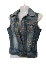 guess denim vest button up Embroidery Raw Edge Logo Distressed Bleach Y2K