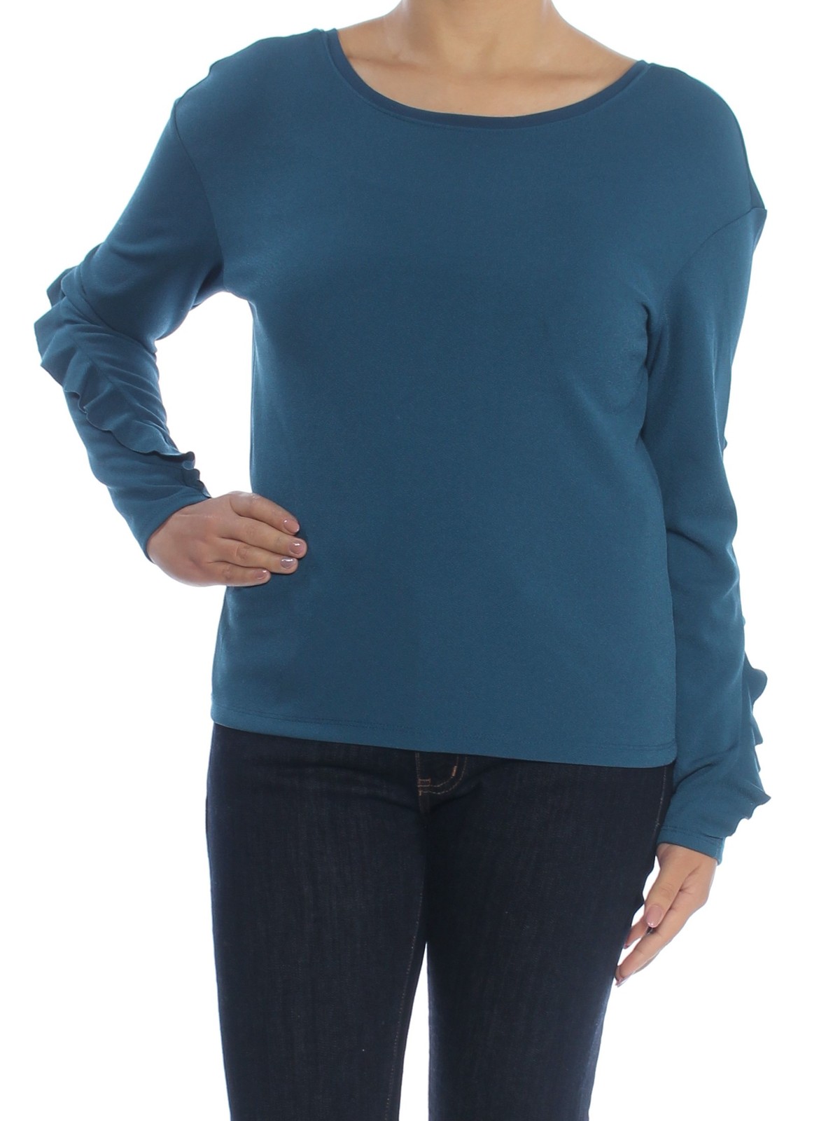 BAR III Womens Teal Ruffled Long Sleeve Boat Neck Top Size: S