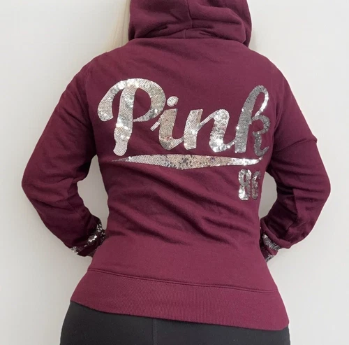 UNDERCOVER Felpa con cappuccio Victoria's Secret ROSA paillettes Bling argento lucido vintage M Y2K