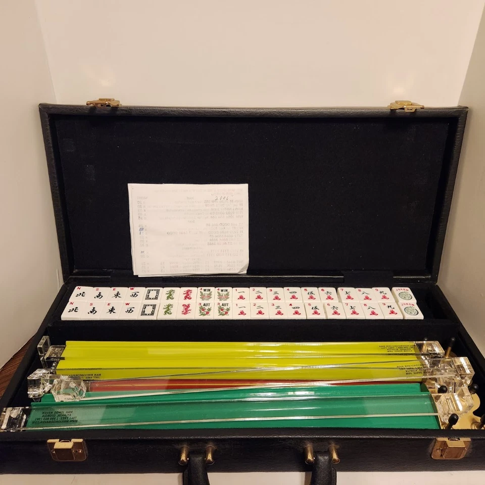 Vintage AMERICAN MAHJONG Set 4 Racks 152 Tiles Faux Black Leather Case - Image 2 of 4