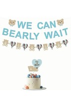 Teddy Bear We Can Bearly Wait Banner In Blue For Boys Baby Shower Party Banner
