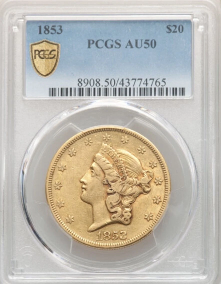 1853 $20 GOLD LIBERTY HEAD DOUBLE PCGS AU 50