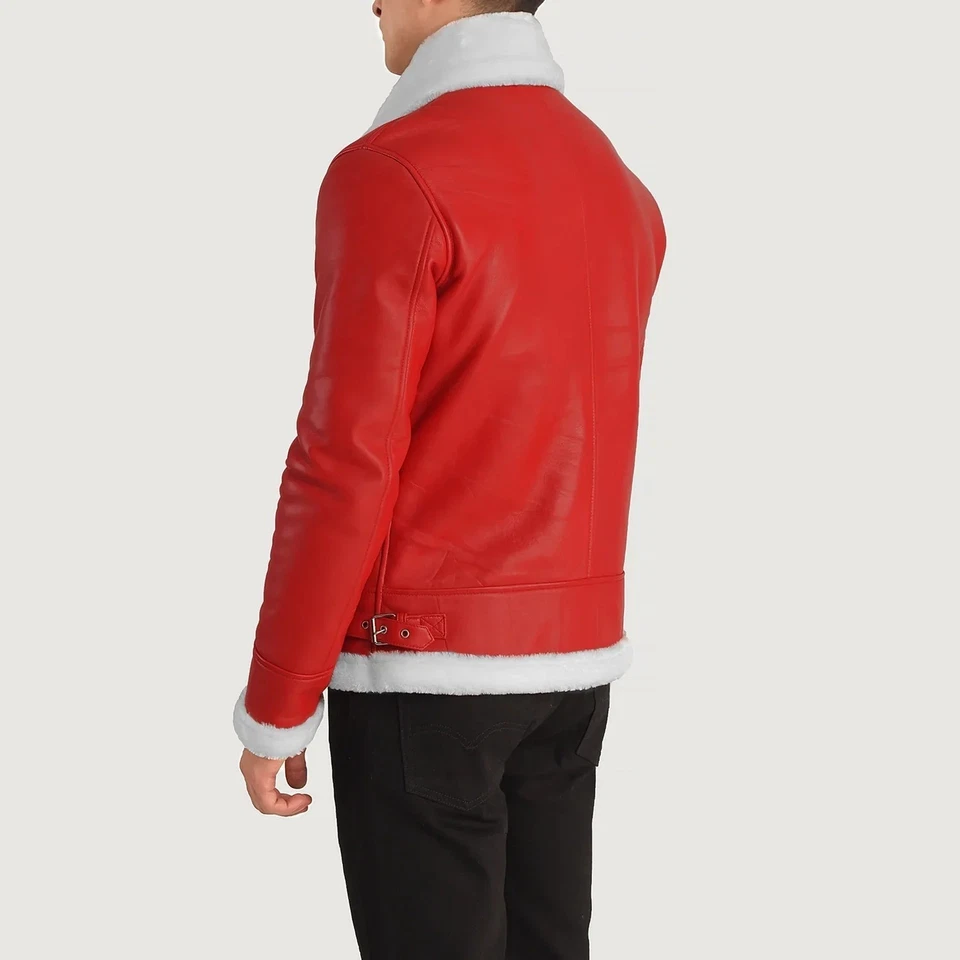 Chaqueta de cuero de piel de oveja real para hombre regalo de Navidad chaqueta de Papá Noel con piel Foto 3 de 4