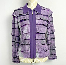 FRANK LYMAN Jacket Womens Sz 10 Purple Full Zip Ruffle Collared Knit Career Art