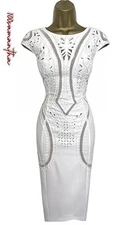 Karen Millen Size UK 12 VINTAGE LASER CUT COCKTAIL PENCIL DRESS IVORY WHITE