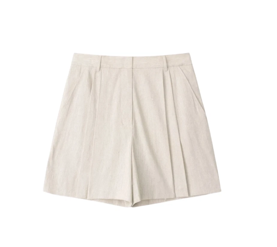 STAUD Cruz Linen Pleated Bermuda Shorts Womens 8 Natural Tan High Rise Beige