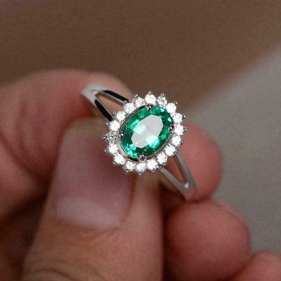 3.00 Ct Oval Green Emerald Halo Women's Engagement Ring 925 Sterling Silver