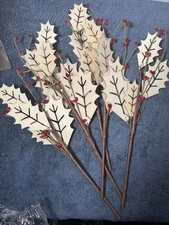 Christmas Wooden holly Sprigs With Red Berries Stemmed Lot Of 6