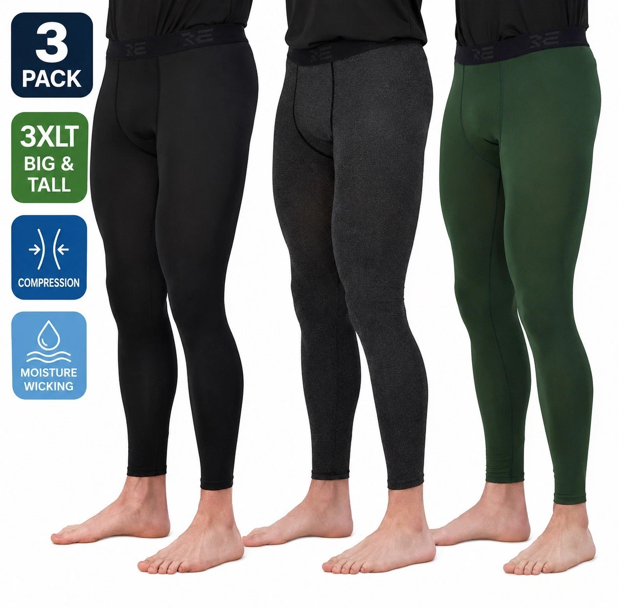 Real Essentials Mens 3XLT 3XT Compression Pants 3 Pack Big Tall
