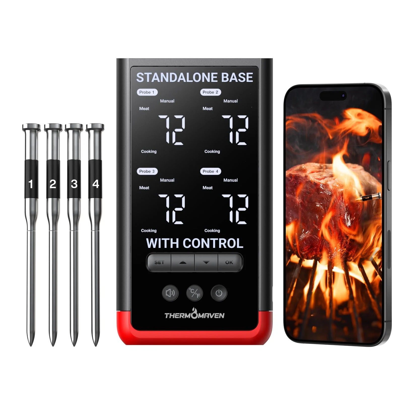 Smart Bluetooth Wireless Meat Thermometer Standalone Base, WiFi Unlimited Ran...