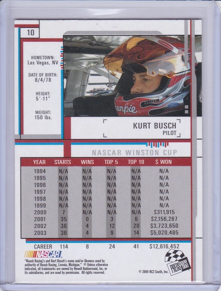 Kurt Busch 2004 Press Pass Eclipse card 10 - Image 2 of 2