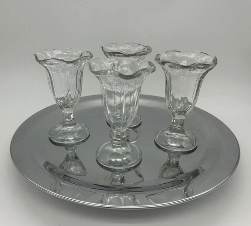 Vintage Anchor Hocking Tulip Clear Glass Ice Cream Sundae Cups  6”  Set Of 4