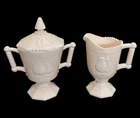 Vtg 1950s Jeanette Pink Milk Glass Cream & Sugar Set With Lid Baltimore Pears