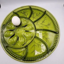Vintage Deviled Egg Relish Tray Indiana Green Glass Divided Serving Platter 13"