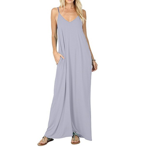 Womens Loose V Neck Pocket Maxi Dress Summer Beach Strapy Boho Long Sundress - 第 17/18 張圖片