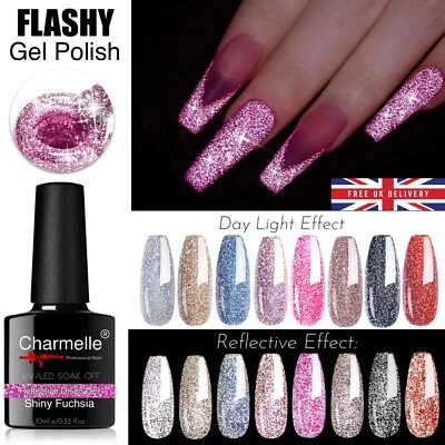 Reflective DISCO GEL Nail Polish Flash Effect Diamond Glitter Flashy UV LED New!