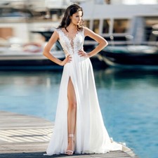 Beach Chiffon Wedding Dresses Cap Sleeve Appliques Buttons Back Bridal Gowns New
