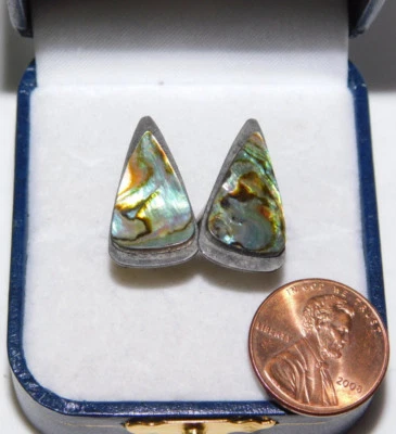 Vintage Vert Bleu Coquille D'Ormeau Argent Ton Boutons Manchette 5i 69 - Photo 1/3