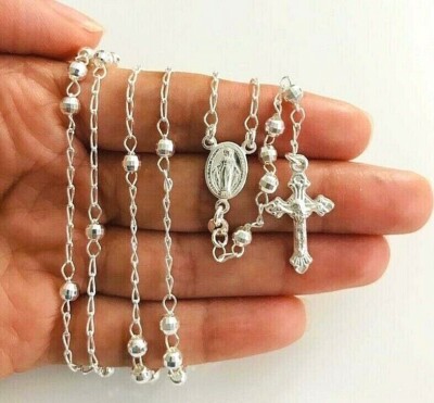 925 SILVER DIAMOND CUT ITALIAN ROSARY 4mm-24''/ ROSARIO PLATA ESTERLINA 24'' -SN10