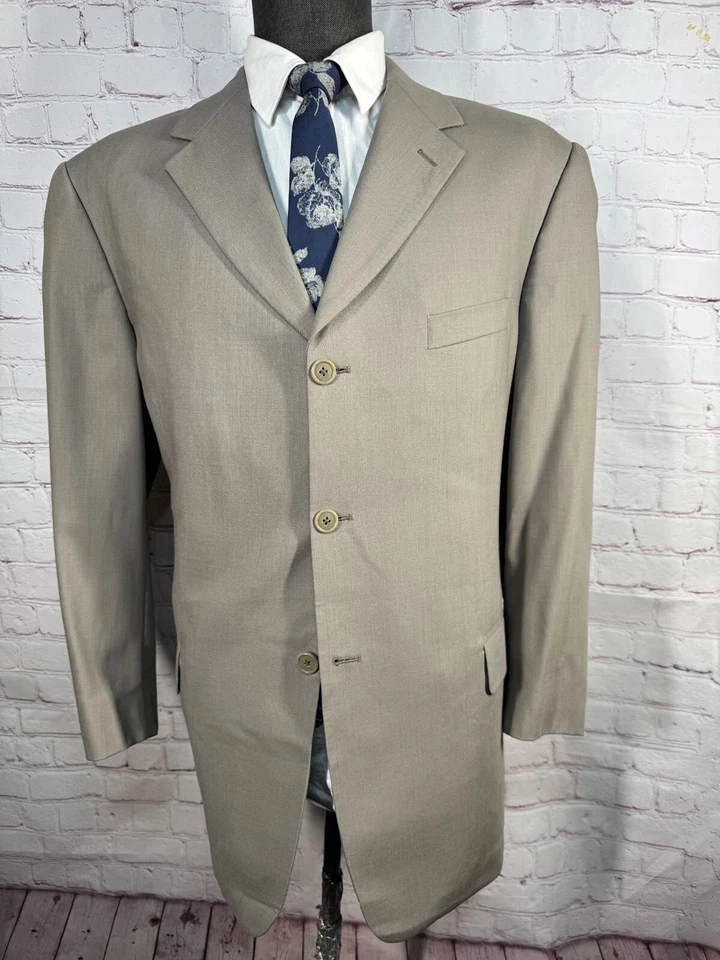 PERRY ELLIS Mens Beige Tan REG FIT Wool Pleated 2 Pc Suit 43R Jacket 36x31 Pant - Image 2 of 4