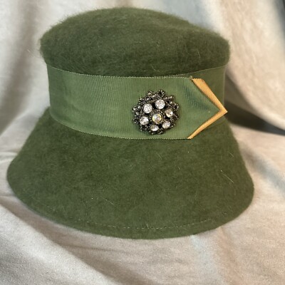 Neumann Ribbon Vintage KMF Neumann-Endler Green Felt Cloche Bucket Hat Rhinestone ...
